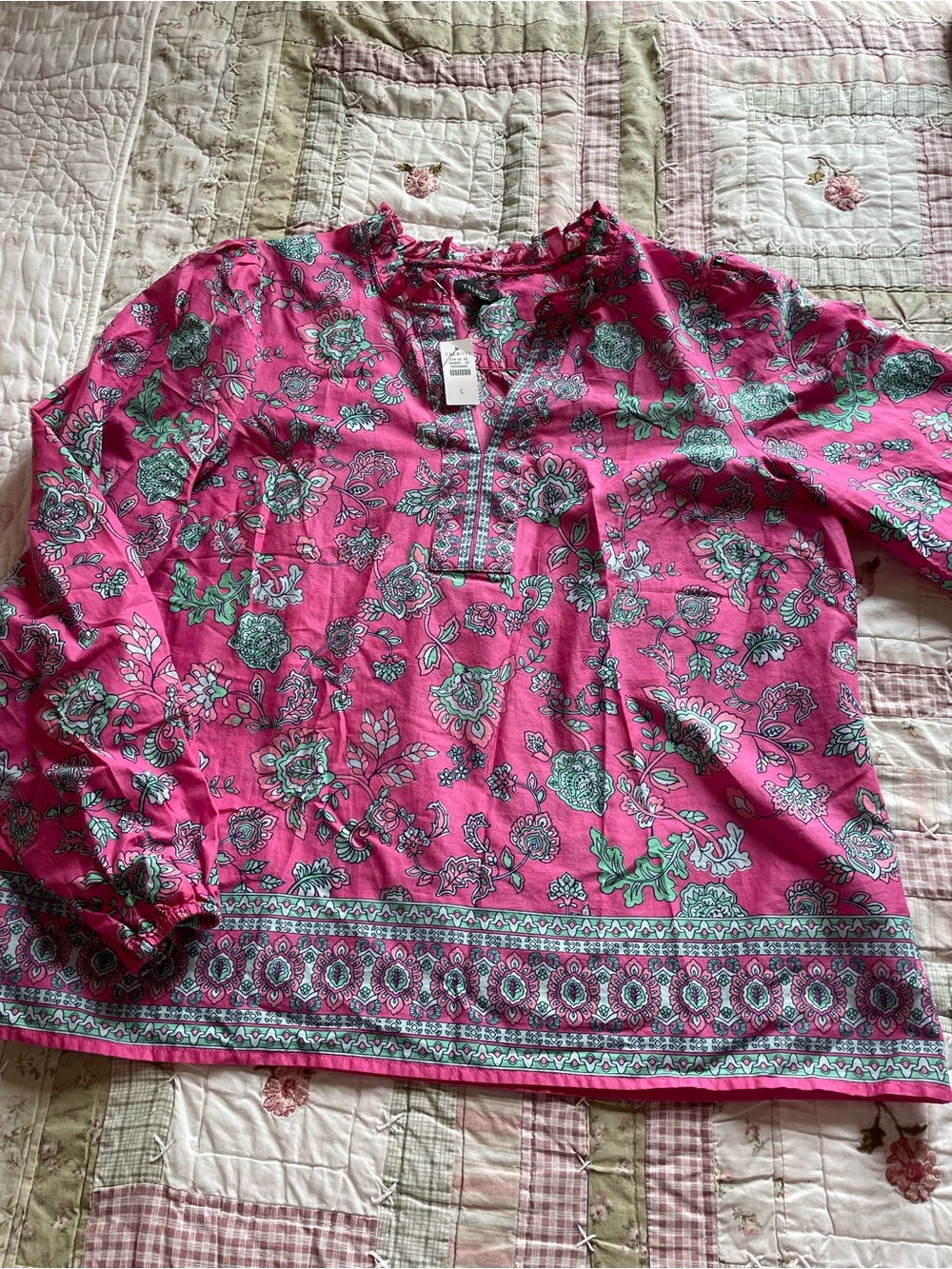 Talbots Pink Floral V-Neck Tunic with Green Accents - Like new with tag !!!